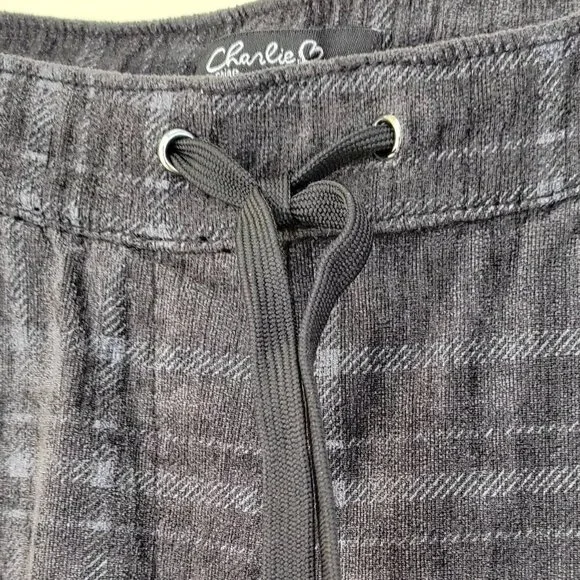 Charlie B Velour Pull On Drawstring Straight Leg Pants Gray Plaid Women's Size S - Picture 5 of 10